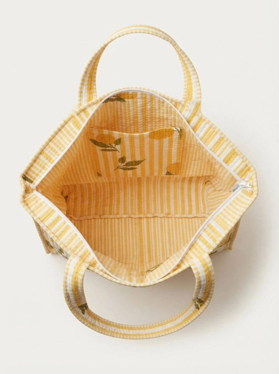 Citrus Lemon & Stripe Quilted Tote