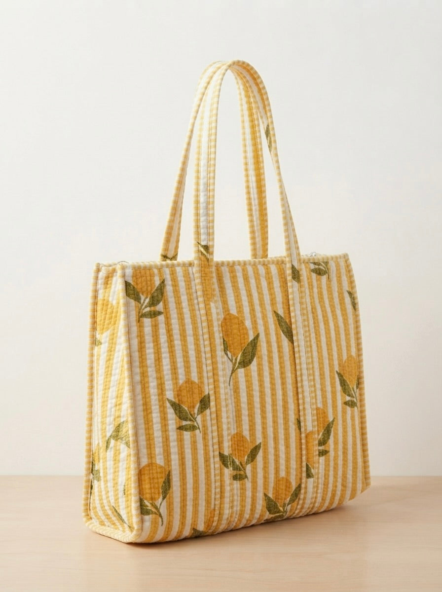 Citrus Lemon & Stripe Quilted Tote