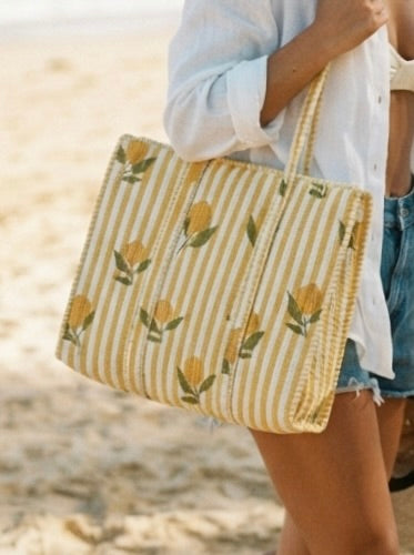 Citrus Lemon & Stripe Quilted Tote